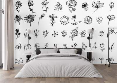 Sketch drawing flower collection. Big set artistic ink brush drawn small flowers. Rose, chamomile, narcissus, lily and other different wild, exotic plants. Field, meadow, tropical vector illustration Wall mural