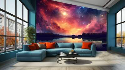 Space nebula night gallaxy illustration. Cosmos universe astronomy. Generative AI. Wall mural