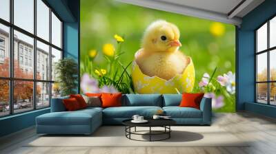 A small yellow chicken sits in the half of an Easter egg on a background of green grass and flowers Wall mural