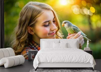 A unique portrait of a teenage girl with a pet bird, highlighting the curiosity and companionship they share. Wall mural