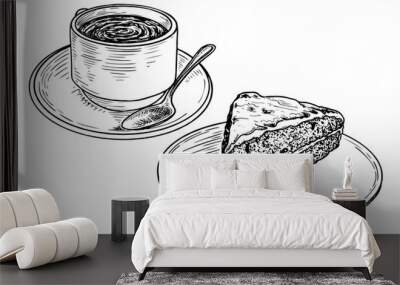 Drink in mug with piece of cake on plate sketch. Coffee or tea with biscuit dessert. Food for sweet snack. Hand drawn vector line art illustration. Wall mural