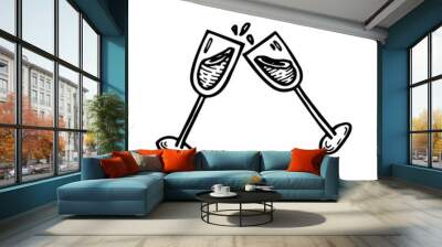 Two glasses of drink clink glasses. Festive wine, champagne. Decoration element for holiday party. Hand drawn line vector illustration in doodle style. Wall mural