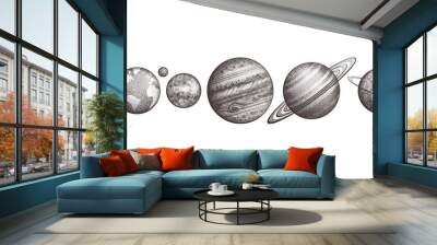 Collection of planets in solar system. Engraving style. Vintage elegant science set. Sacred geometry, magic, esoteric philosophies, tattoo, art. Isolated hand-drawn illustration. Wall mural