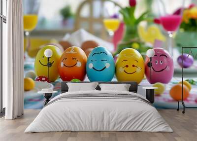 Colorful funny Easter eggs with a smile on their face on a beautiful spring background Wall mural