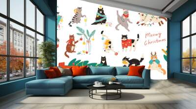 Merry Christmas! Bundle of cats celebrating winter holiday. Vector illustration of cute pets wearing costumes, climbing Christmas tree and being naughty in flat cartoon style. Elements are isolated. Wall mural