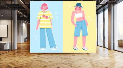 Set of cute girls in stylish modern outfits. Vector illustration of young women wearing fashionable casual clothes. Trendy female fashion concept in colorful flat style. Wall mural