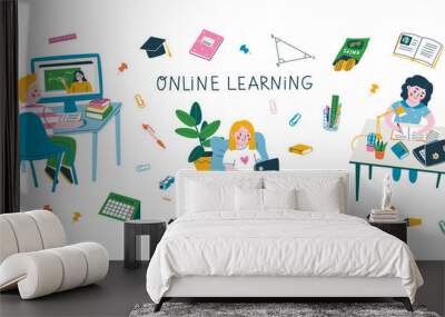 Set of kids studying online and various school supplies. Colorful vector illustration of the online learning or back to school concept. Isolated elements on white background. Wall mural