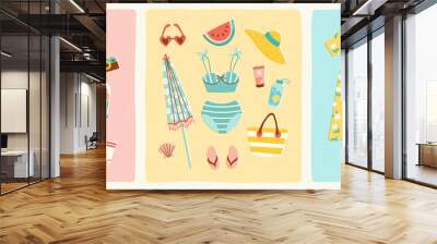 set of summer outfits in trendy retro style. romantic dress, skater girl's t shirt and shorts, swims Wall mural