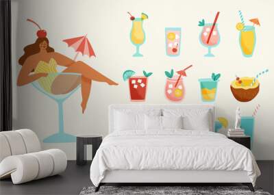 Set of tropical cocktails and a cute girl in a glass with an umbrella. Vector illustration of alcoholic summer drinks in trendy retro style. Wall mural