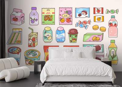 Snack food including instant ramen, bag of chips, soda cans, chocolate, ice cream, candy pack, biscuits and sweet beverages. Vector illustration of junk food in cute flat style. Wall mural