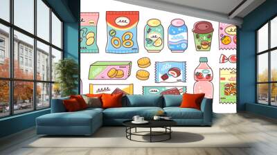 Snacks and junk food set. Vector illustration of chips, candy, sweet drinks, chocolate in cute packaging. Merchandise one can buy from a vending machine. Isolated elements on white background. Wall mural