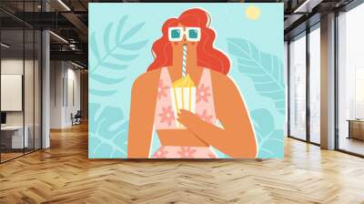 Vector illustration of a girl with a milkshake spending her summer vacation at a resort. Young woman wearing sunglasses and a swimsuit with tropical leaves behind. Summer holiday concept. Wall mural