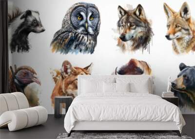 Animals of north america set painted with watercolors on a white background in a realistic manner. Wall mural