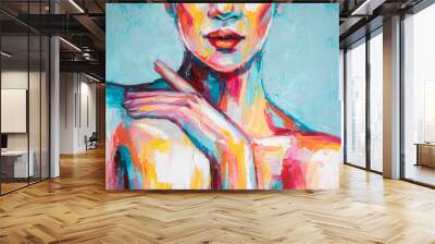 oil portrait painting in multicolored tones. abstract picture of a beautiful girl. conceptual closeu Wall mural