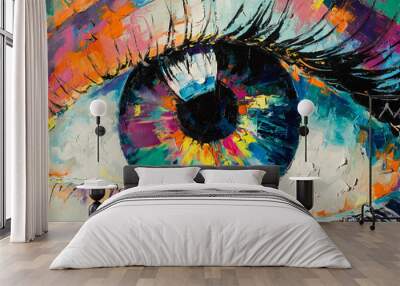 “Fluorite” - oil painting. Conceptual abstract picture of the eye. Oil painting in colorful colors. Conceptual abstract closeup of an oil painting and palette knife on canvas. Wall mural