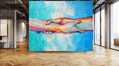 “Hands” - oil painting. Conceptual abstract hand painting. The picture depicts a metaphor for teamwork. Conceptual abstract closeup of an oil painting and palette knife on canvas. Wall mural