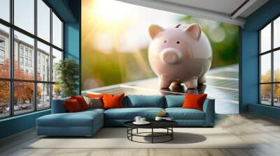 Energy Efficiency Finance - Piggy bank and solar panels with a bokeh effect background.
 Wall mural