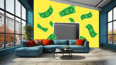 Halftone collage with wallet and dollars. Finance theme banner, money wallet and flying dollars. Scrapbooking magazine. Wall mural