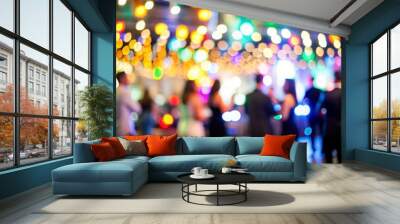 Party Scene with Vibrant Bokeh Lights - Blurred figures enjoying a festive party with colorful bokeh lights in the background.
 Wall mural