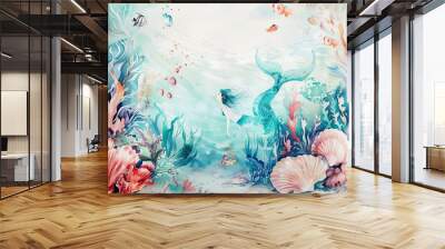 A mermaid swims in a blue ocean with pink and blue coral Wall mural