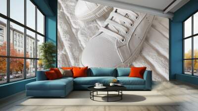 White sports sneakers with laces on a white brick background Wall mural