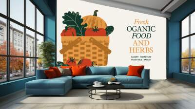 A basket with fresh organic vegetables. Horizontal garden food template. Vector illustration Wall mural