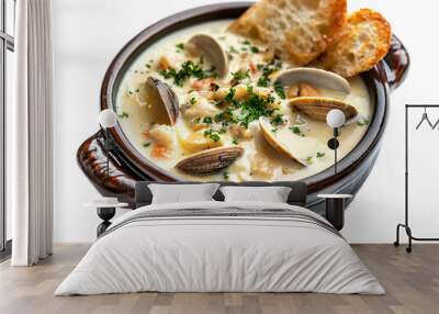 a bowl of soup with clams and toast on a plate Wall mural