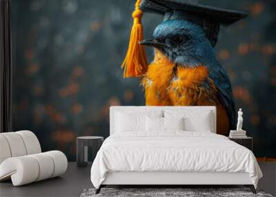 Colorful bird wearing a graduation cap standing on a pencil, symbolizing education, learning, and achievement in a festive and vibrant academic setting Wall mural