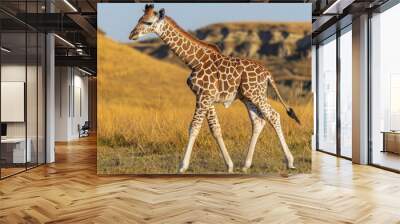 A newborn giraffe calf stands wobbly on its long legs  its patterned coat blending seamlessly with the golden African grasslands. Wall mural