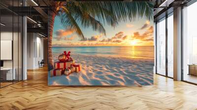 Tropical beach Christmas postcard with decorated palm tree and colorful baubles at sunset, representing New Year holiday celebrations in warm destinations, travel, vacation tours, holiday promotions Wall mural