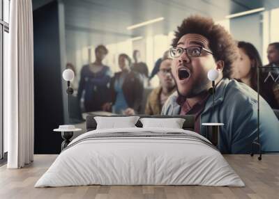 A young plus-sized man at his workdesk looking amazed at his computer screen Wall mural