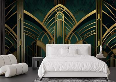 Abstract architecture background in art deco style. Golden lines on a green background.  Generative AI. Wall mural