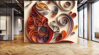 Abstract red cat in quilling art technique. Generative AI. Wall mural