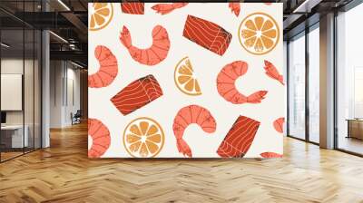 Abstract seafood seamless pattern. Shrimp with salmon and lemon slices. Vintage textured style prawn. Vector illustration Wall mural