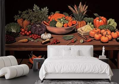 Abundant array of autumn fruits and vegetables in a colorful display on a rustic wooden table Wall mural