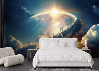 Amazing view with stairs to realm of Gods, fantasy scene with bright shining light and beautiful cloudscape Wall mural