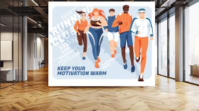 Banner for advertising running competitions or training. A group of athletes running on an abstract background. Different races, fat men. Design for presentations, print, web advertising banners. Wall mural