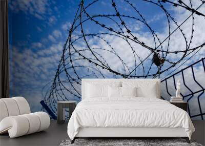 barbed wire against the blue sky. protected area. A special, dangerous zone. Wall mural