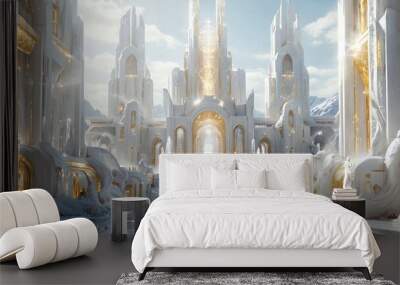 Beautiful fantasy scene with white heaven city and sacred temple Wall mural