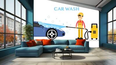 Car wash vector design with worker Wall mural