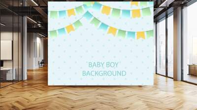 Cute vintage textile blue green and yellow bunting flags for boys baby shower background. Cute flag garlands on polka dot background Wall mural