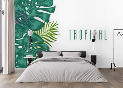 Green summer tropical background with exotic palm leaves and plants. Vector floral background. Wall mural