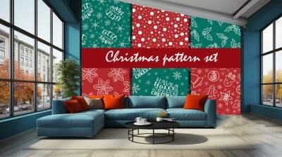 Christmas doodle seamless pattern set of 6, winter holidays season red and green backgrounds vector for cards, banners, wrapping paper, posters, scrapbooking, pillow, cups and fabric design.  Wall mural