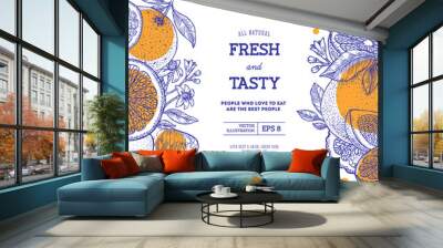 Citrus fun design template. Engraved style illustration. Orange, flowers, lemon, tangerine, grapefruit. Vector illustration Wall mural