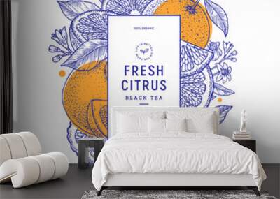 Citrus summer vertical design template. Engraved botanical style illustration. Vector illustration Wall mural