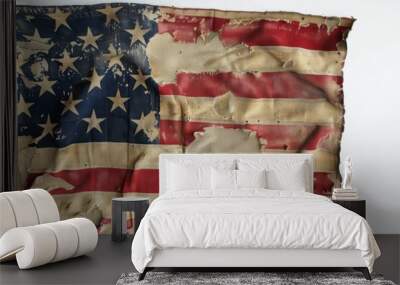 Close-up of a frayed and aged American flag, its fabric tattered, bearing the marks of time and elements, symbolizing a rich, storied past. Wall mural