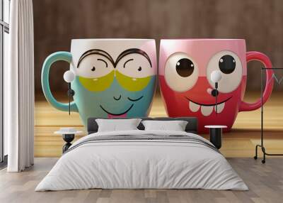 Coffee mugs with funny faces on wooden background. 3d illustration.     Generative ai Wall mural