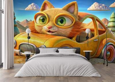 Cute smiling cat driving an old car on a road trip through mountains and forest Wall mural