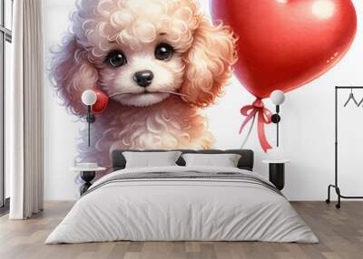 cute valentine puppy with red heart balloon watercolor illustration. Wall mural