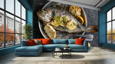 Delicious Grilled dorado fish with lemon and parsley. Whole Bbq sea bream baked. Dorado grill. Ketogenic, keto or paleo diet lunch, Healthy food trend. Top view, Wall mural